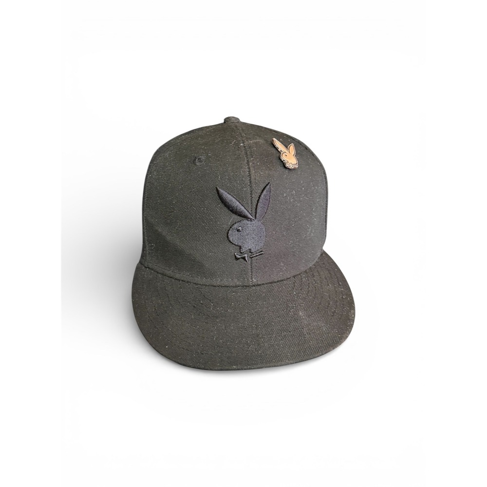 Playboy Lids Mens Black Fitted Hat Athletic Dept 1953 Bunny Logo 7 1/4‎ + Pin